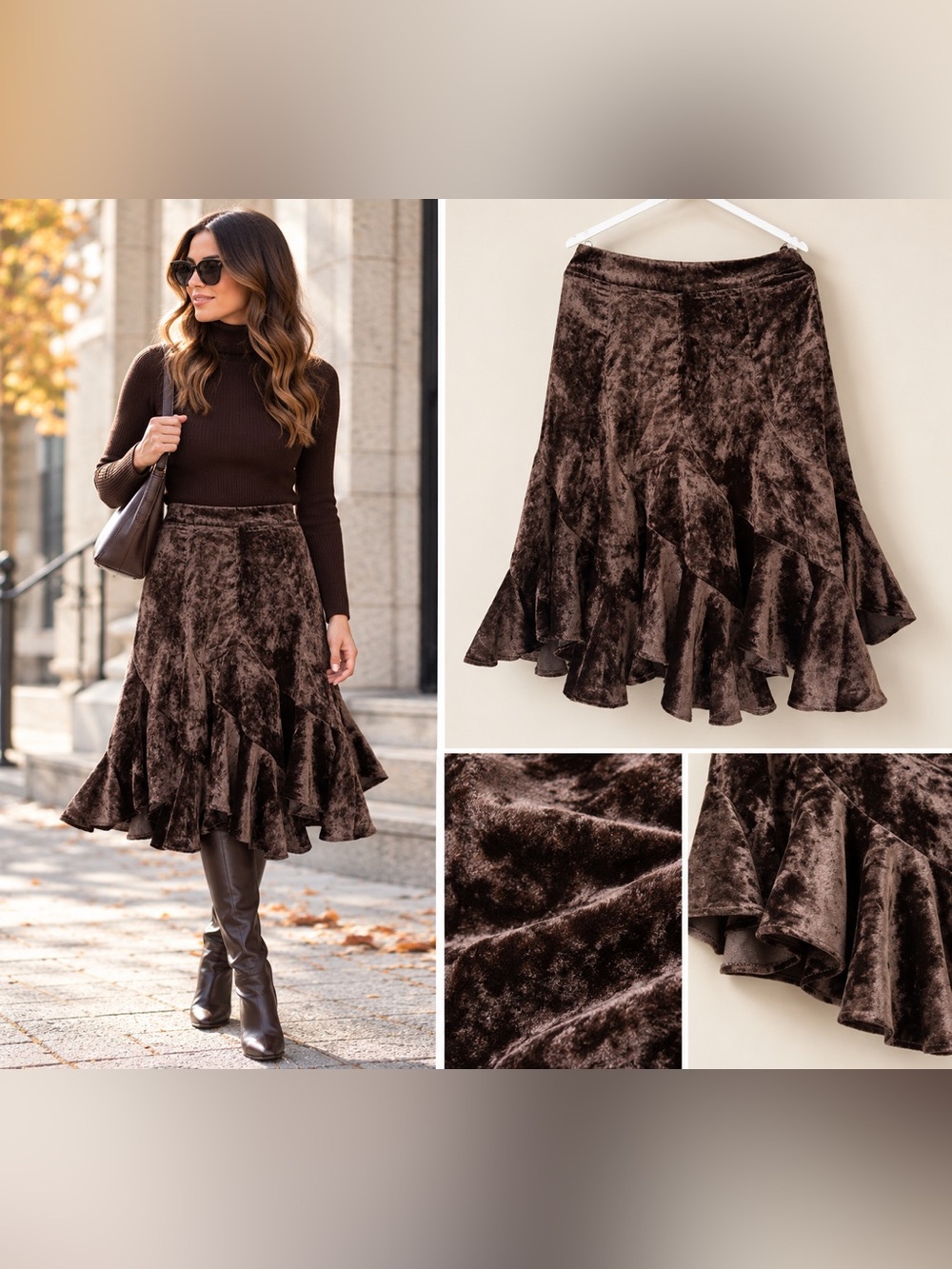 Seduction Chocolate Brown Velour Flared Midi Skirt Y2K Boho Romantic S